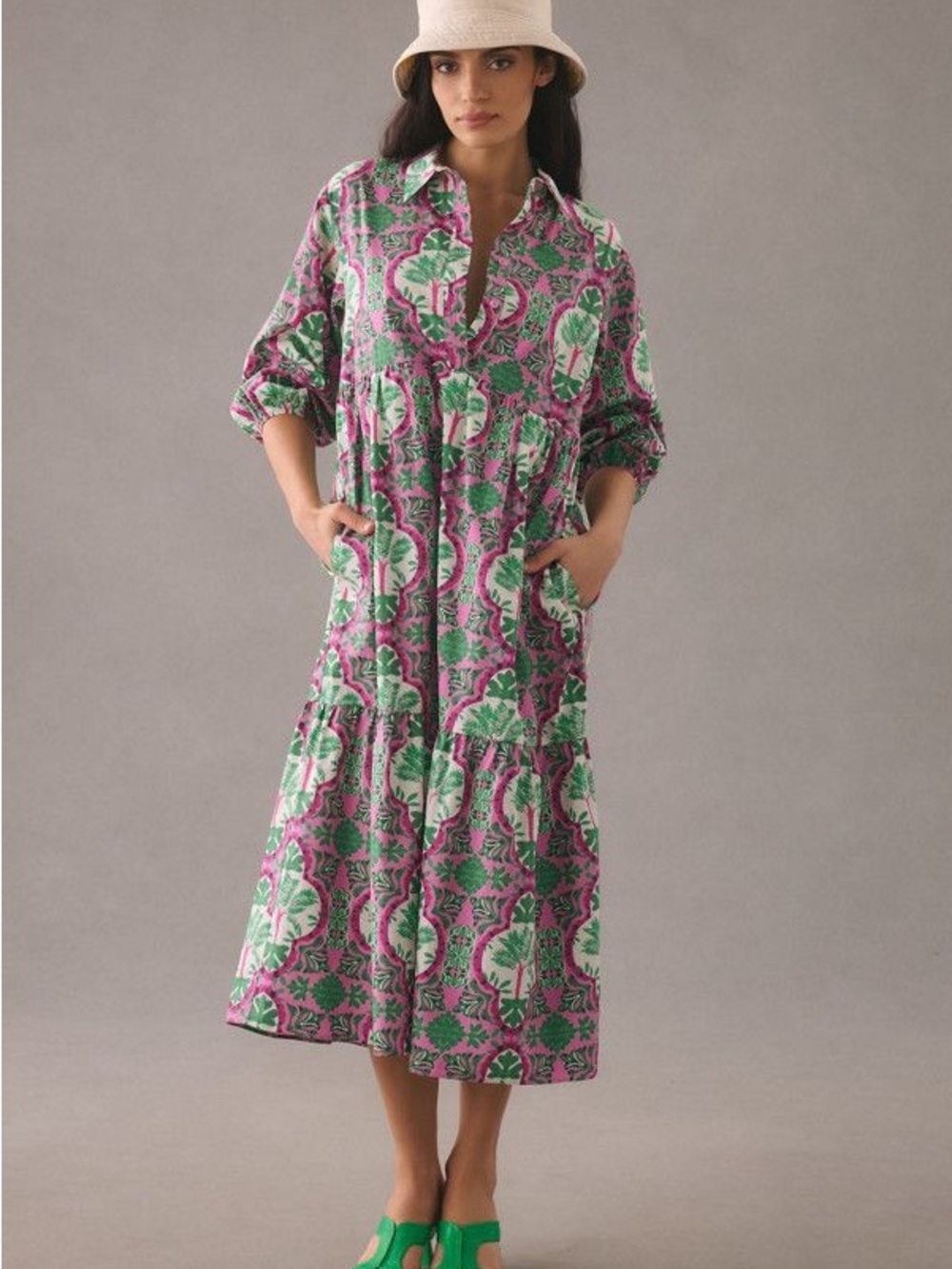 Maeve Bettina Tiered Shirt Dress in Pink & Green